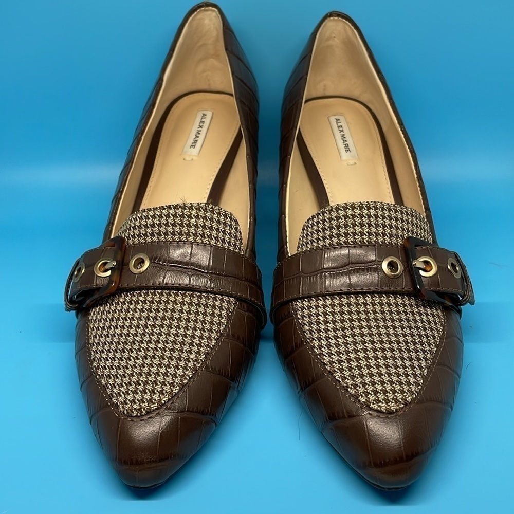 Alex Marie Brown Reptile Embossed Leather and Houndstooth Pumps - Size 8